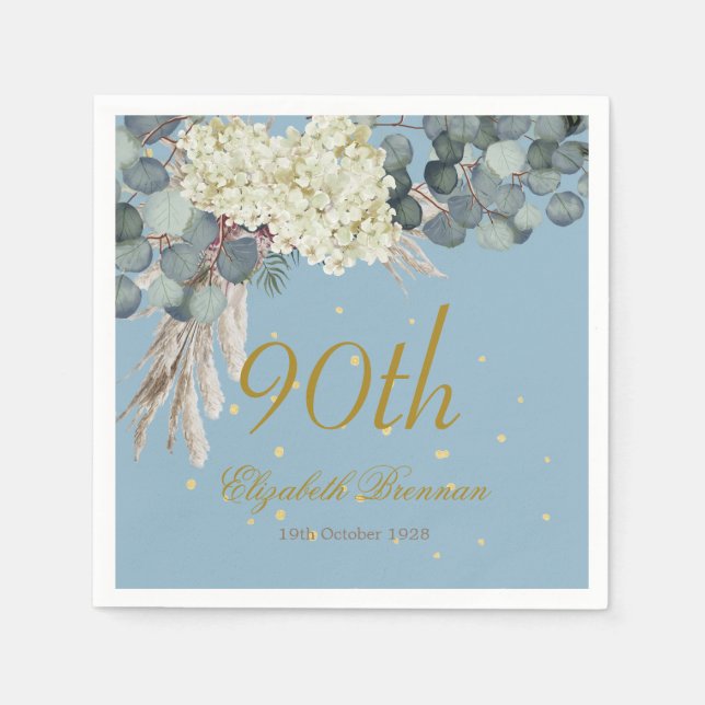 90th Floral Blue Gold Elegant Photo Birthday Napkin (Front)