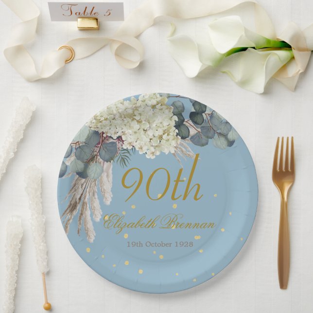 90th Floral Blue Gold Elegant Photo Birthday Paper Plate (Wedding)