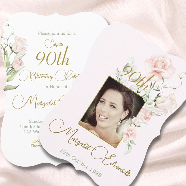 90th Floral Blush Pink Elegant Photo Birthday Invitation (Creator Uploaded)