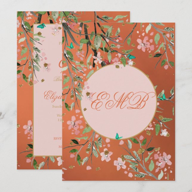 90th Floral Coral Elegant Pink Monogram Birthday Invitation (Front/Back)
