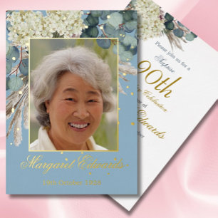 90th Floral Elegant Photo Blue Birthday