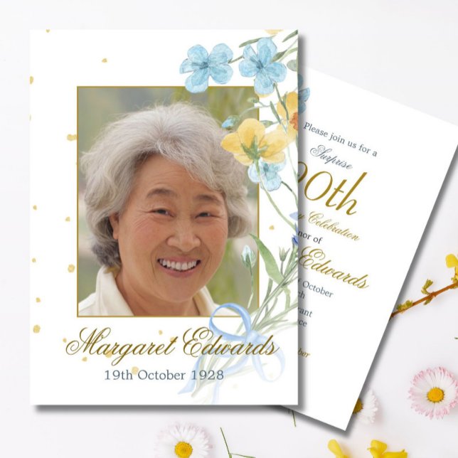 90th Floral Flowers Gold Elegant Photo Birthday Invitation (Creator Uploaded)