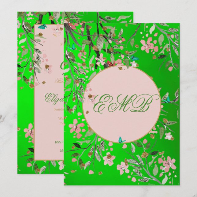 90th Floral Green Elegant Pink  Monogram Birthday Invitation (Front/Back)