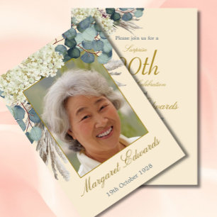 90th Floral Neutral Cream Elegant Photo Birthday Invitation