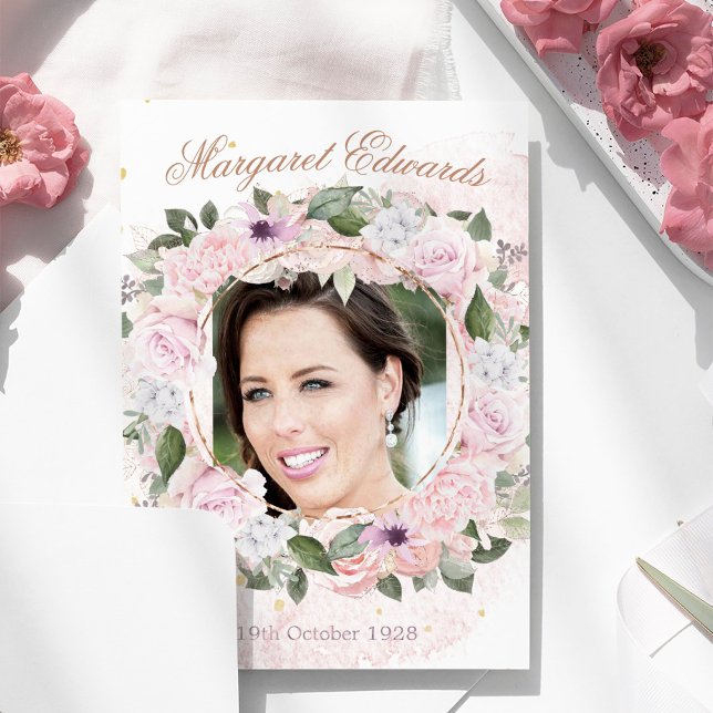 90th Floral Pink Gold Elegant Photo Birthday  Invitation (Creator Uploaded)