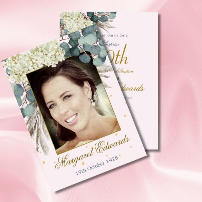 90th Floral Pink Gold Elegant Photo Birthday Invitation (Creator Uploaded)