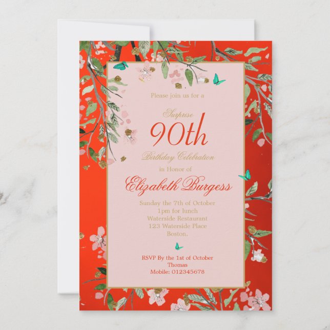 90th Floral Red Elegant Pink Gold Birthday Invitation (Back)