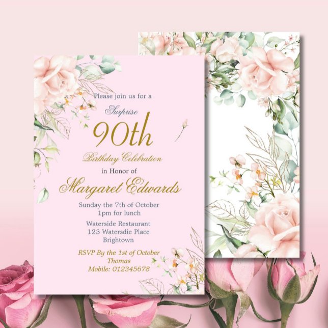 90th Floral Roses Pink Gold Elegant Birthday Invitation (Creator Uploaded)