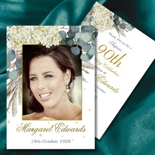 90th Floral White Gold Elegant Photo Birthday Invitation