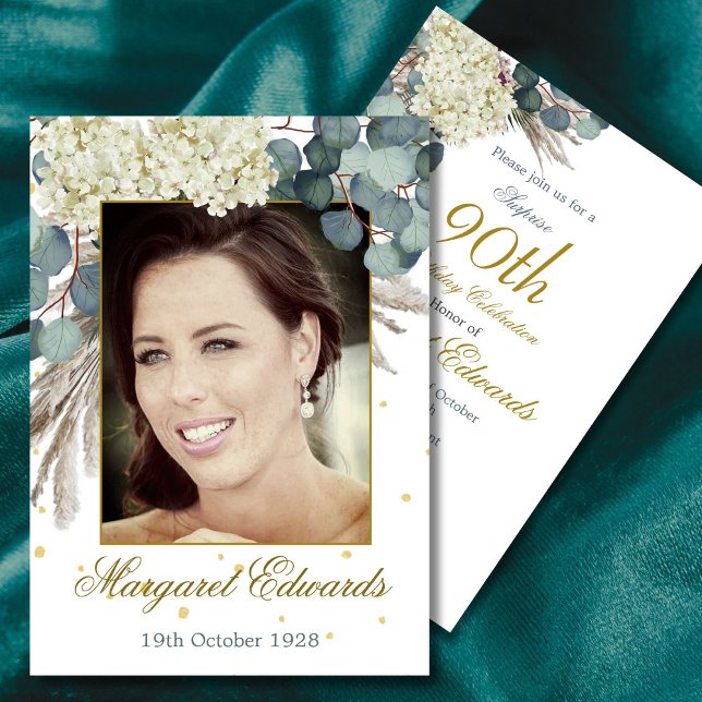 90th Floral White Gold Elegant Photo Birthday Invitation (Creator Uploaded)