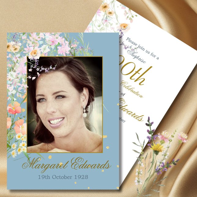 90th Floral Wildflowers Elegant Photo Birthday Invitation (Creator Uploaded)