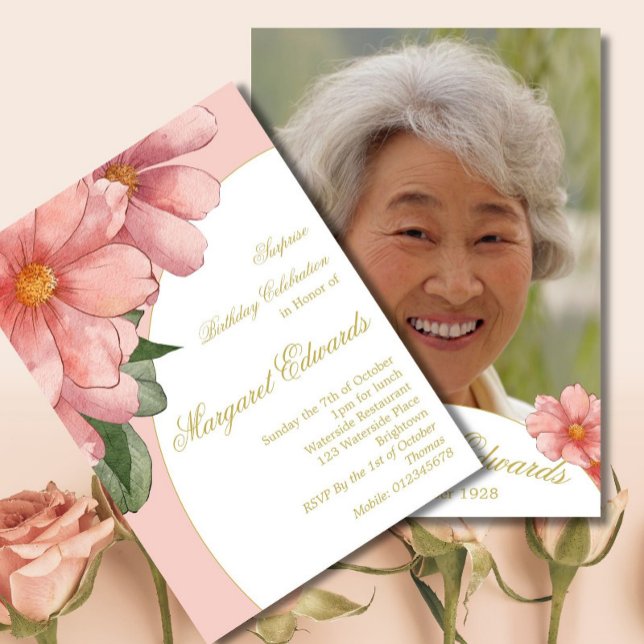90th Gold Elegant  Pink Floral Photo Birthday Invitation (Creator Uploaded)