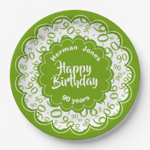 90th Green/White Random Number Pattern Paper Plate