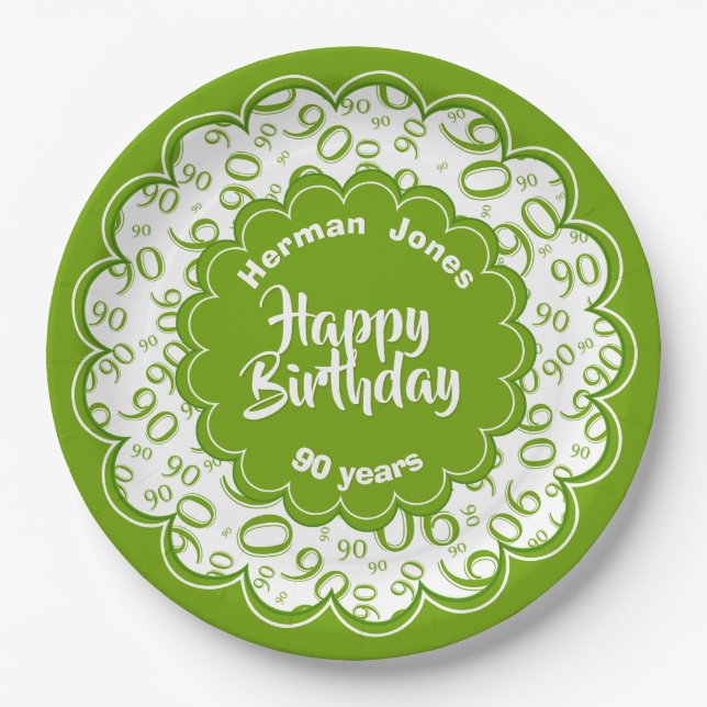 90th Green/White Random Number Pattern Paper Plate (Front)