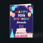 90th Happy Birthday Balloons Cake Navy Blue Card<br><div class="desc">90th Happy Birt5hday Colourful Balloons Cake Navy Blue with personalised name. For further customisation,  please click the "Customise it" button and use our design tool to modify this template.</div>