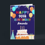 90th Happy Birthday Balloons Cake Navy Blue Card<br><div class="desc">90th Happy Birthday Colourful Balloons Cake Navy Blue with personalised name. For further customisation,  please click the "Customise it" button and use our design tool to modify this template.</div>