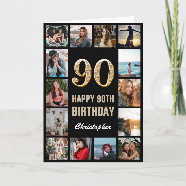 90th Happy Birthday Black and Gold Photo Collage Card (Front)