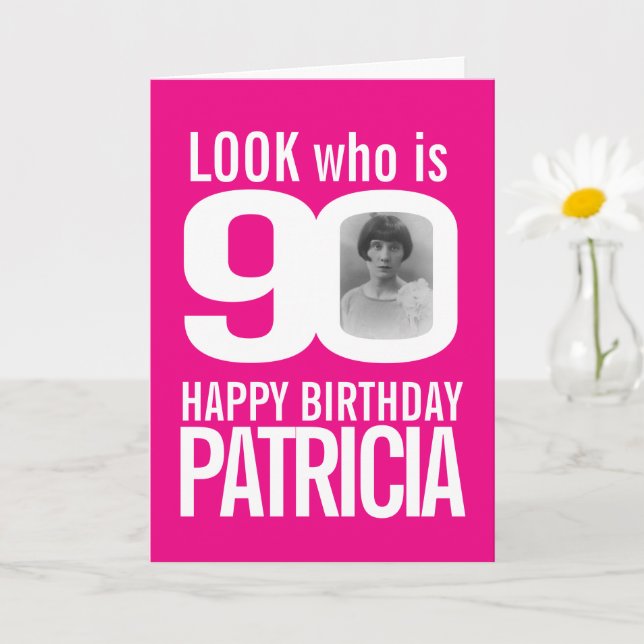 90th Happy Birthday photo pink white Card (Small Plant)