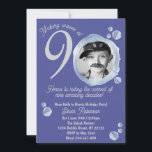 90th Indigo Blue Bubble Birthday Party Photo Invitation<br><div class="desc">Ninety years Water Bubbles Birthday Party Invitation in twilight blue.</div>