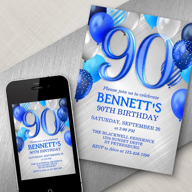 90th Mens Blue Birthday Invitation (Creator Uploaded)