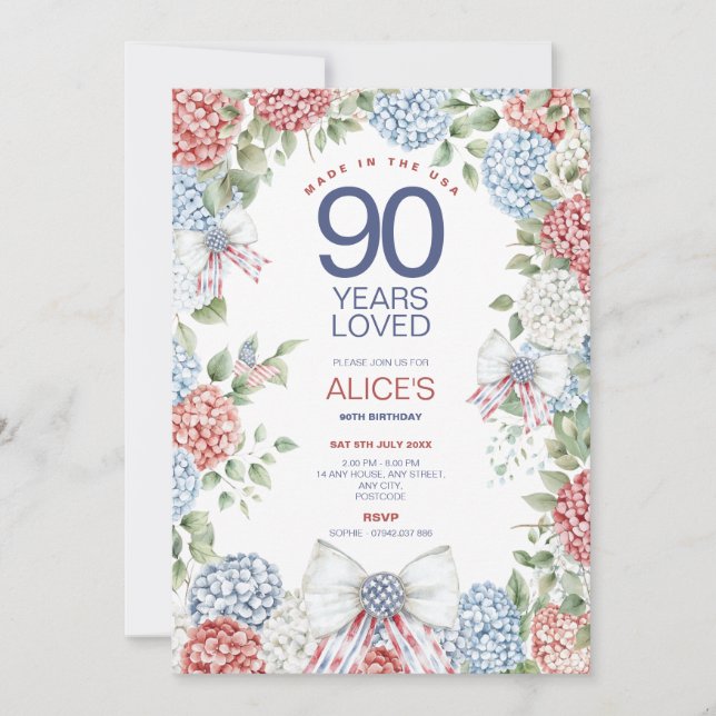 90th Milestone Birthday, 4th July Floral Editable Invitation (Front)