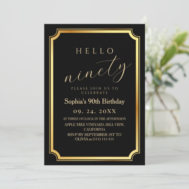 90th Modern & Minimal Black Birthday Party Invitation (Standing Front)