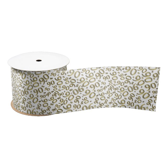 90th Modern Random Number Pattern Gold/White Satin Ribbon (Spool)