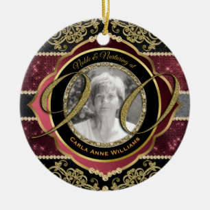 90th Ninetieth Gold Ruby Diamonds Photo Frame Ceramic Tree Decoration