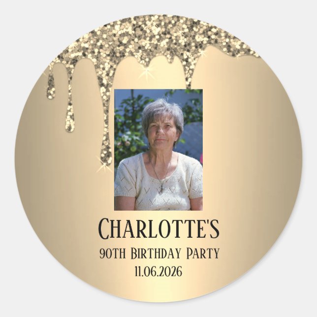 90th Ninety Elegant Birthday Party Gold Classic Round Sticker (Front)