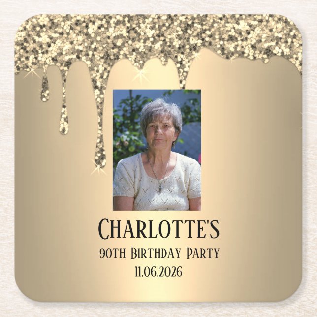 90th Ninety Elegant Birthday Party Gold Square Paper Coaster (Front)