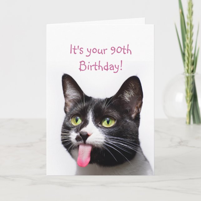  90th or Custom Year Birthday Cat Tongue Funny Card (Front)
