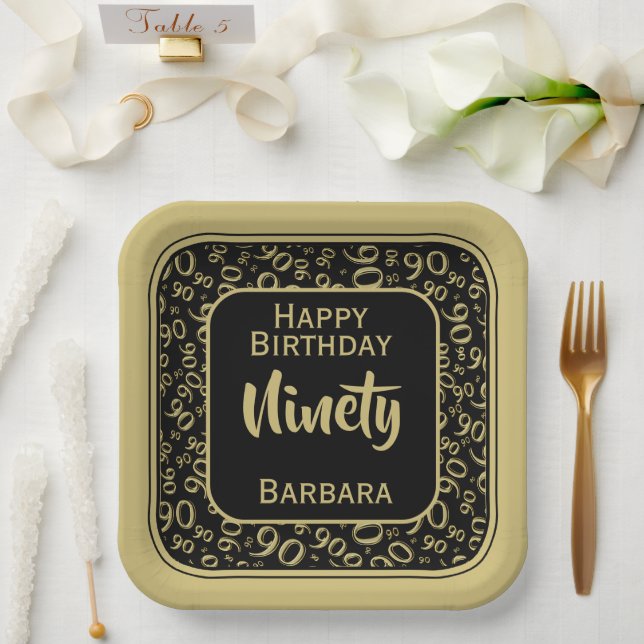 90th Party Random Number Pattern Black/Gold Paper Plate (Wedding)
