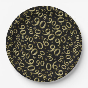 90th Party Random Number Pattern Black/Gold Paper Plate