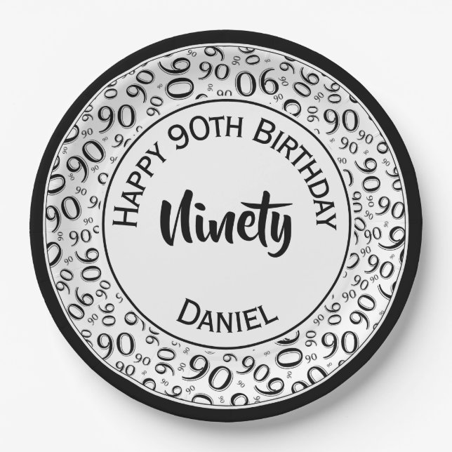 90th Party Random Number Pattern Black/White Paper Plate (Front)