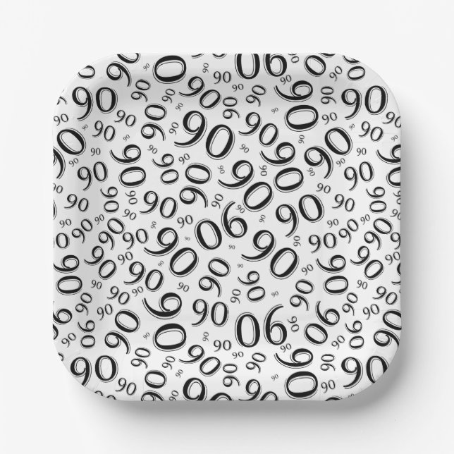 90th Party Random Number Pattern Black/White Paper Plate (Front)