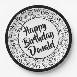 90th Party Random Number Pattern Black/White Paper Plate