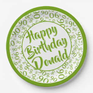 90th Party Random Number Pattern Green/White Paper Plate