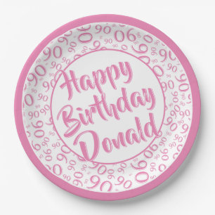 90th Party Random Number Pattern Pink/White Paper Plate