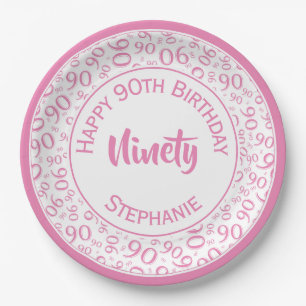 90th Party Random Number Pattern Pink/White Paper Plate