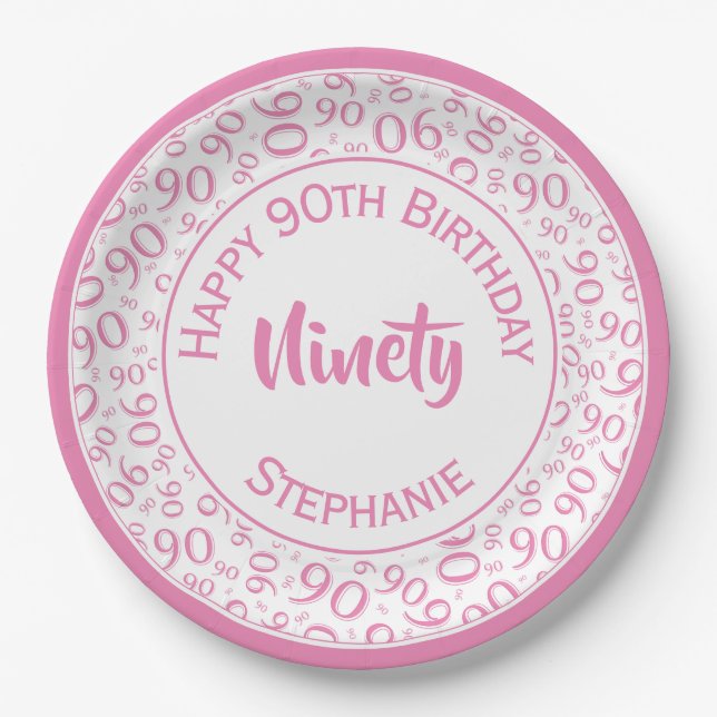 90th Party Random Number Pattern Pink/White Paper Plate (Front)