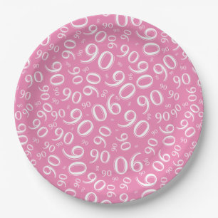 90th Party Random Number Pattern Pink/White Paper Plate