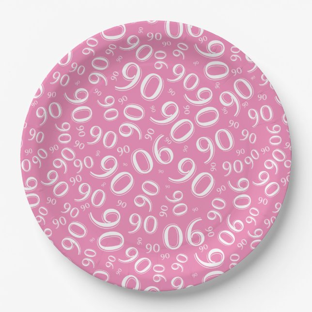 90th Party Random Number Pattern Pink/White Paper Plate (Front)