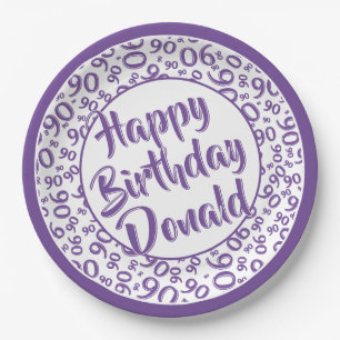 90th Party Random Number Pattern Purple/White Paper Plate