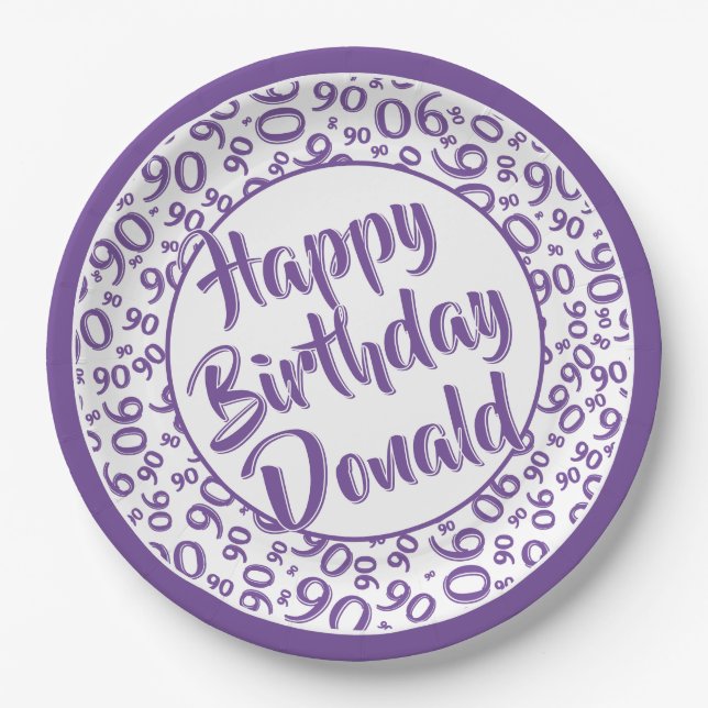 90th Party Random Number Pattern Purple/White Paper Plate (Front)