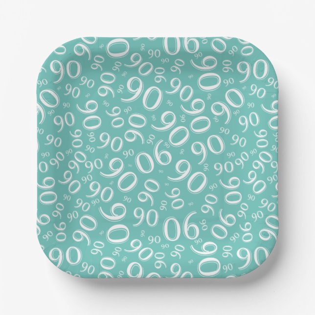 90th Party Random Number Pattern Teal/White Paper Plate (Front)