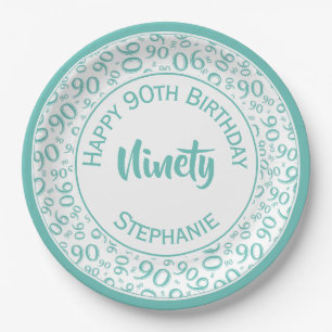 90th Party Random Number Pattern Teal/White Paper Plate