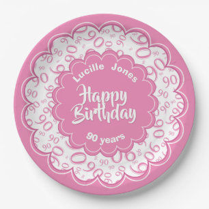 90th Pink/White Random Number Pattern Paper Plate
