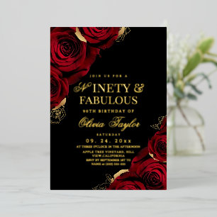 90th Real Gold Foil Black Red Roses Birthday