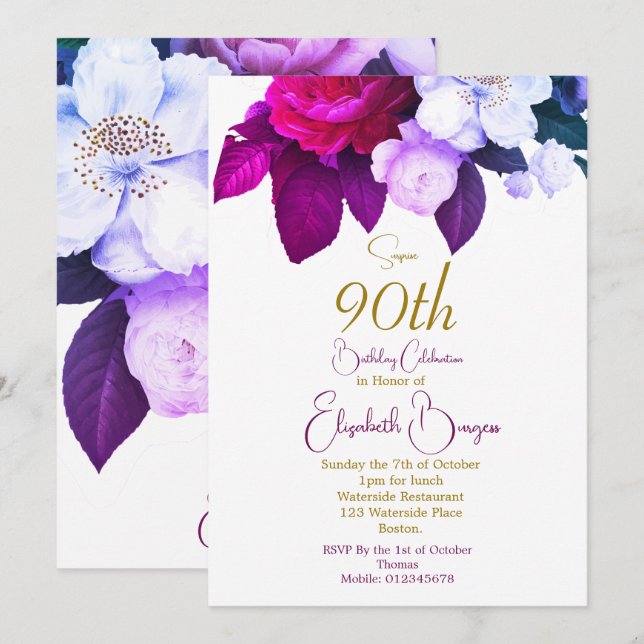 90th Rose Purple Plum Burgundy Elegant Birthday Invitation (Front/Back)