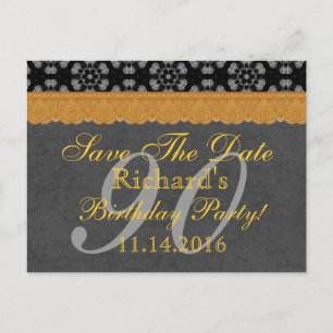 90th Save the Date Dark Grey and Gold Lace 005 Announcement Postcard